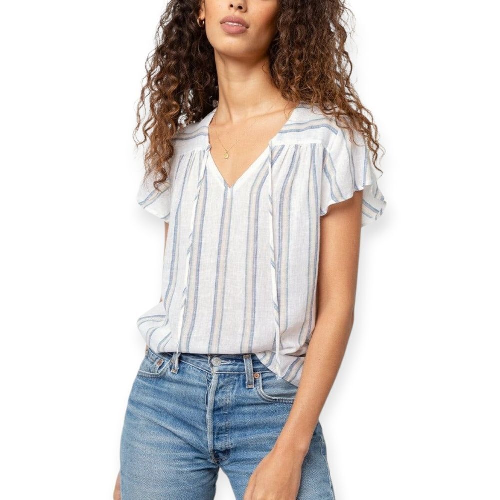 Rails Blue and White Viera Ryland Stripe Ruffle Blouse M